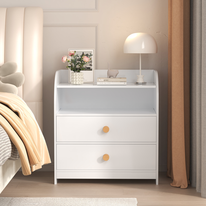 White Nightstand with 2 Drawers and Open Shelf, MDF Bedside Table with Curved Side Panels, Modern End Table for Bedroom, Kids Room, Nursery, Living Room, Storage Cabinet for Adults and Children