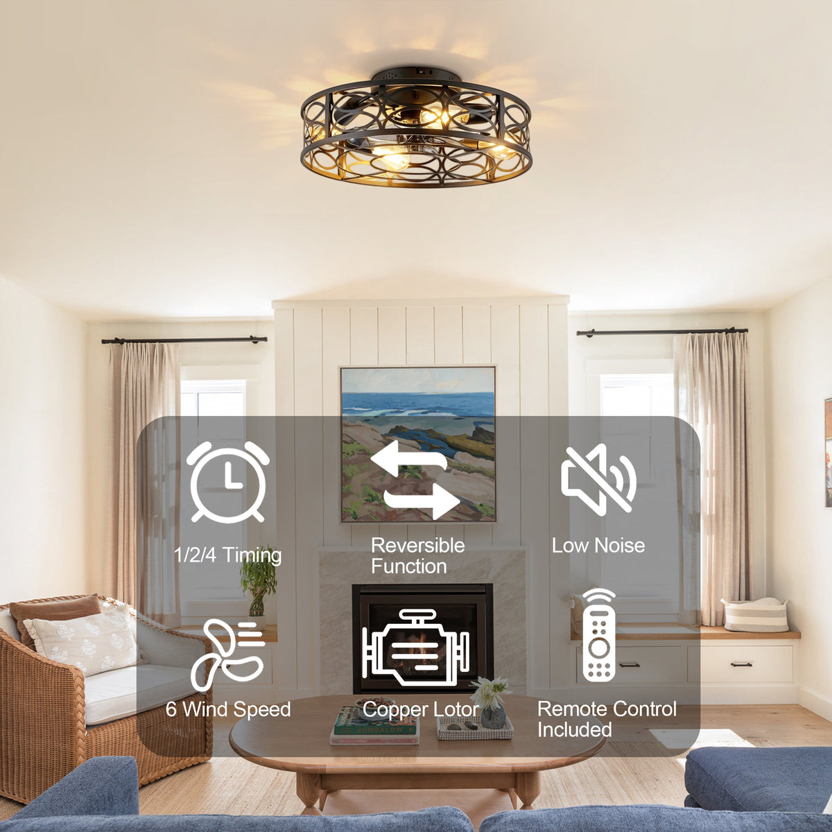 20 Inch Low Profile Caged Flush Mount Ceiling Fan with Light, Hollow Floral Metal Enclosed Fan, 6‑Speed Reversible Motor with Remote Control, Farmhouse Fan for Bedroom Kitchen Hallway Indoor