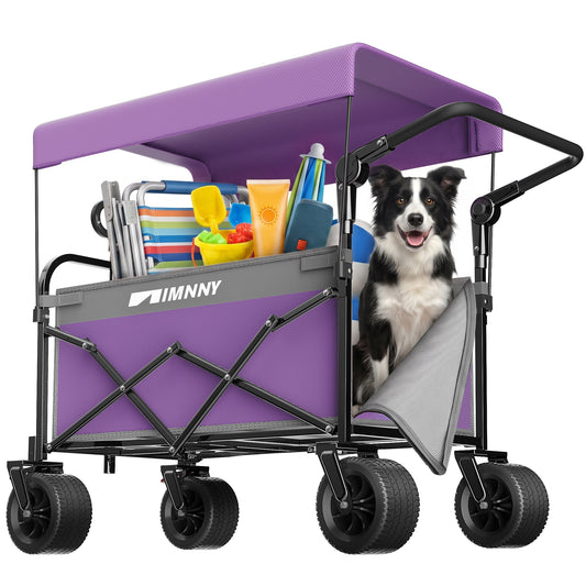 Multi-Functional Push-Pull Folding Wagon Cart with Canopy, Heavy Duty Utility Cart with 7"x4" All-Terrain Wheels for Camping, Transport, Groceries, Sports, 300LBS/200L, Purple