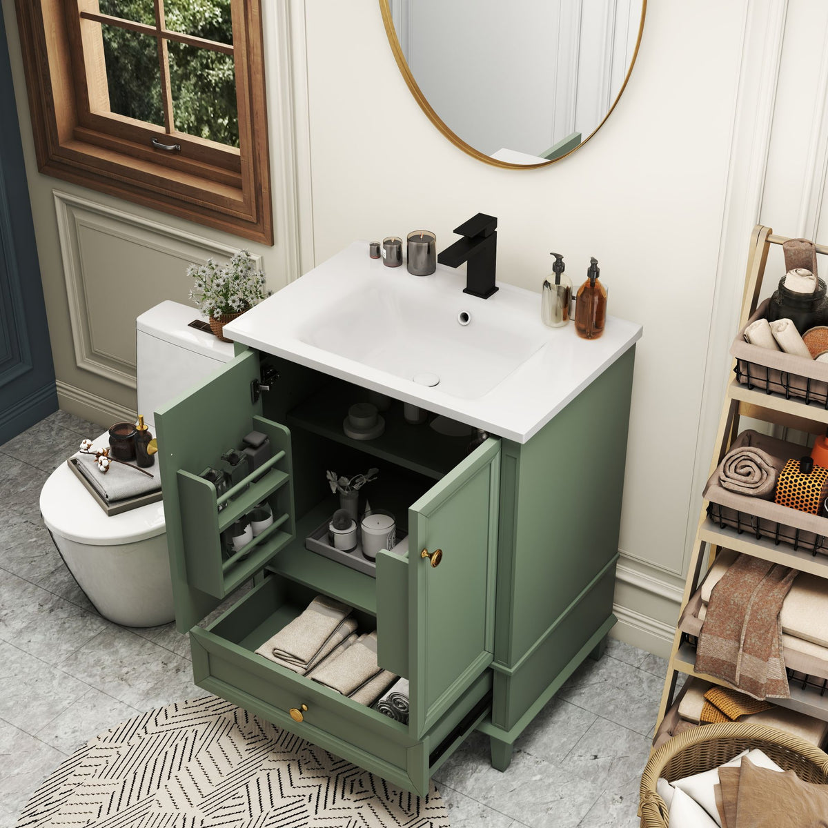 27.8" Modern Bathroom Vanity Set with Reinforced Legs & Painted Surface, Mid-Century Freestanding Bathroom Vanity Sink with Storage, High-end Restroom Vanity Cabinet with Drawer& Hidden Storage Shelvs