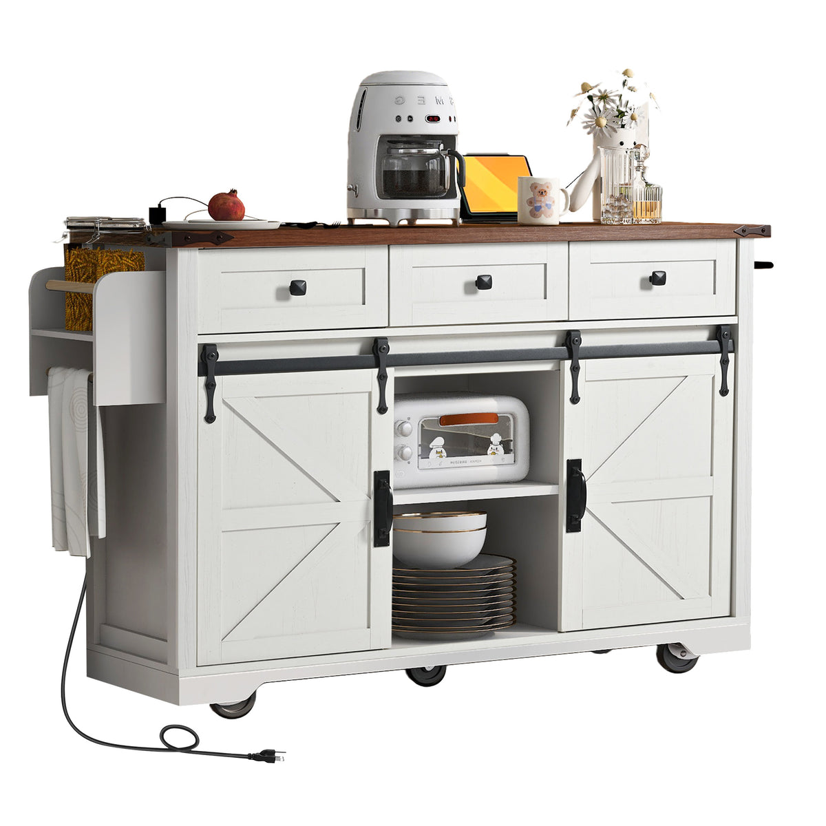 K&K 53.7" Farmhouse Kitchen Island with Power Outlet, 2 Sliding Barn Door Kitchen Storage Island with Drop Leaf – Model N707S170347W