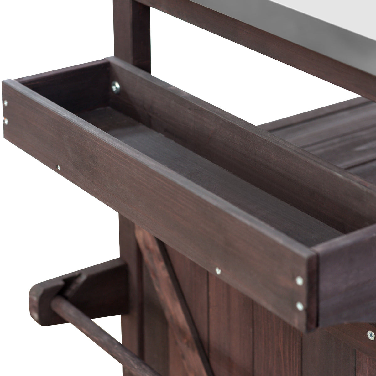 K&K Outdoor Kitchen Island, Rolling Bar Cart & Storage Cabinet, Farmhouse Solid Wood Outdoor Grill Table with Stainless Steel Top – Brown