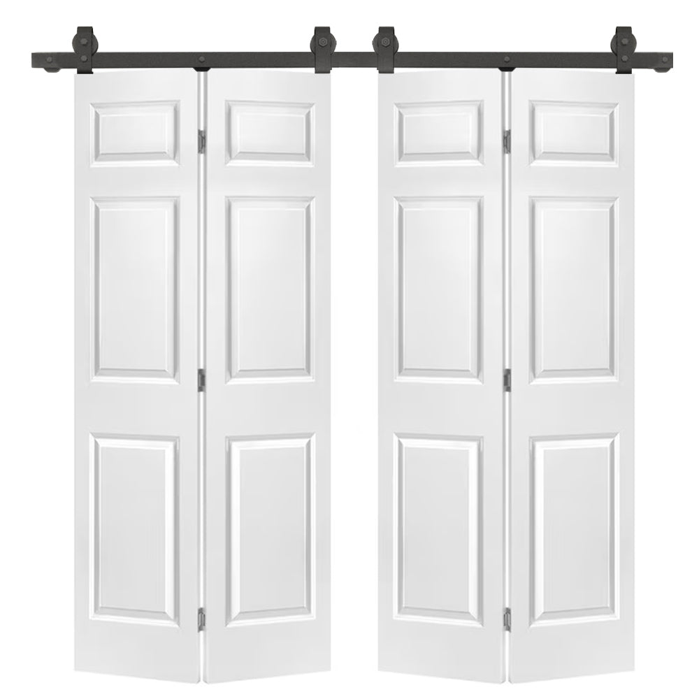 48 in. x 80 in. 6-Panel Primed MDF Composite Double Bi-Fold Barn Door with Sliding Hardware Kit