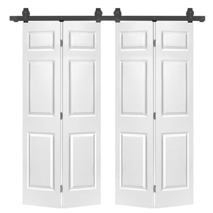 48 in. x 80 in. 6-Panel Primed MDF Composite Double Bi-Fold Barn Door with Sliding Hardware Kit