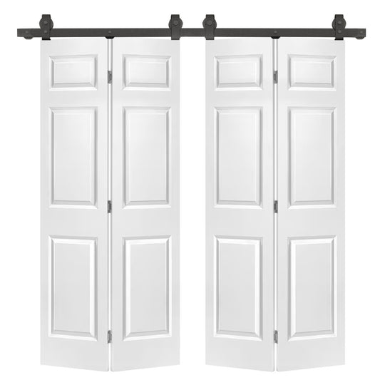 48 in. x 80 in. 6-Panel Primed MDF Composite Double Bi-Fold Barn Door with Sliding Hardware Kit