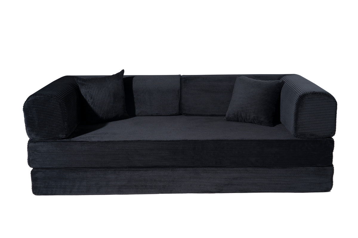 Convertible Sofa Bed, Folding Floor Couch Corduroy Fold Out Couch Bed Futon Sleeper Mattress with Pillows, Boneless Sofa for Living Room Bedroom,BLACK