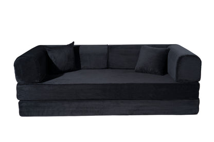 Convertible Sofa Bed, Folding Floor Couch Corduroy Fold Out Couch Bed Futon Sleeper Mattress with Pillows, Boneless Sofa for Living Room Bedroom,BLACK