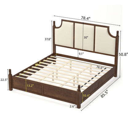 King Size Farmhouse Solid Wood Platform Bed Frame, with 50.8" Tall Beige Linen Upholstered Headboard, decorative turned bed posts, No Box Spring Needed, Walnut