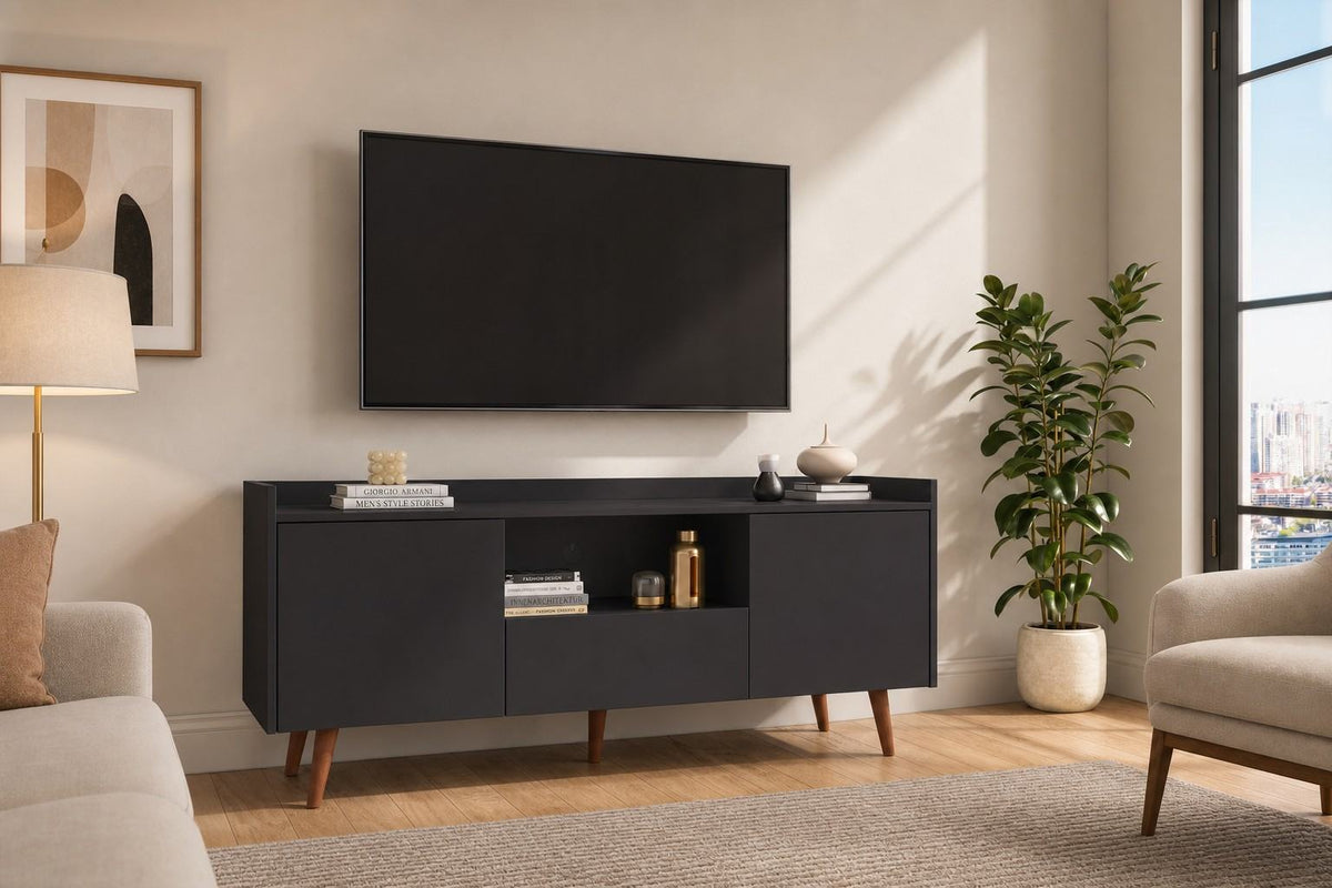 Modern TV Stand for TVs up to 60 Inches, Entertainment Center with Open Storage Shelf, Two Doors, One Drawer and Cable Management, Graphite