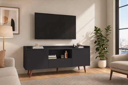 Modern TV Stand for TVs up to 60 Inches, Entertainment Center with Open Storage Shelf, Two Doors, One Drawer and Cable Management, Graphite