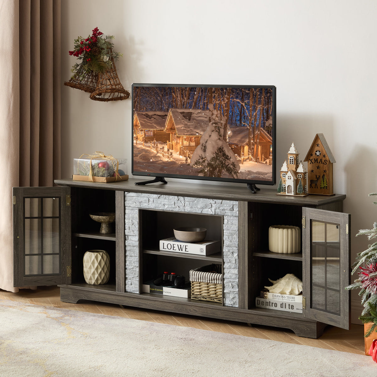58" Modern TV Stand with 2-Door Storage, Faux Stone Media Console Cabinet, Grey Large Entertainment Center