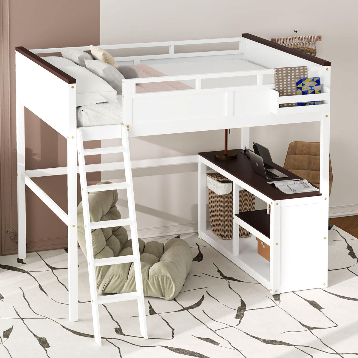 White Queen Size Loft Bed with Desk, Open Shelf, Storage Box and USB Charging Station, Pine+MDF