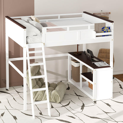 White Queen Size Loft Bed with Desk, Open Shelf, Storage Box and USB Charging Station, Pine+MDF