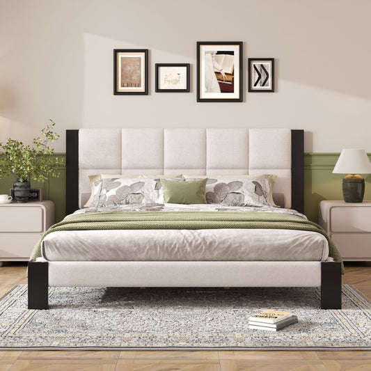 Boucle Cal King Bed frame with Cube headboard ,BEIGE + BLACK