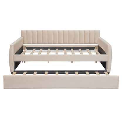 Full Size Upholstered daybed with Trundle and Wood Slat Support, Beige(Old SKU:LP000121AAA)
