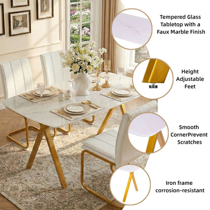 Rectangular dining table featuring a tempered glass tabletop with a marble-patterned design and golden metal legs, ideal for restaurant dining settings.