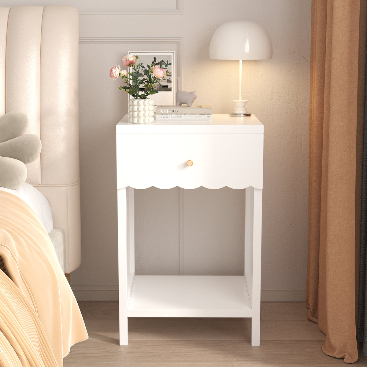 Modern White Nightstand with Drawer and Open Shelf,Scalloped Edge Bedside Table for Bedroom, Cute Minimalist Side Table for Kids Room or Girls' Room