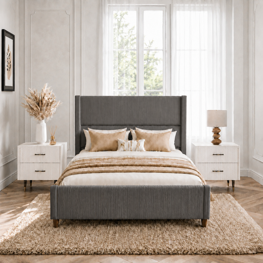 Queen size, padded thick-bed frame, vertical wing-striped headboard, solid wood bed legs, noiseless, no need for box spring, dark gray