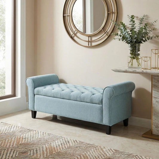 Light Blue Fabric Storage Bench with Rolled Arms, 38" Seat Width, Black Legs, Button Fabric Design, Living Room Bedroom Entryway Furniture