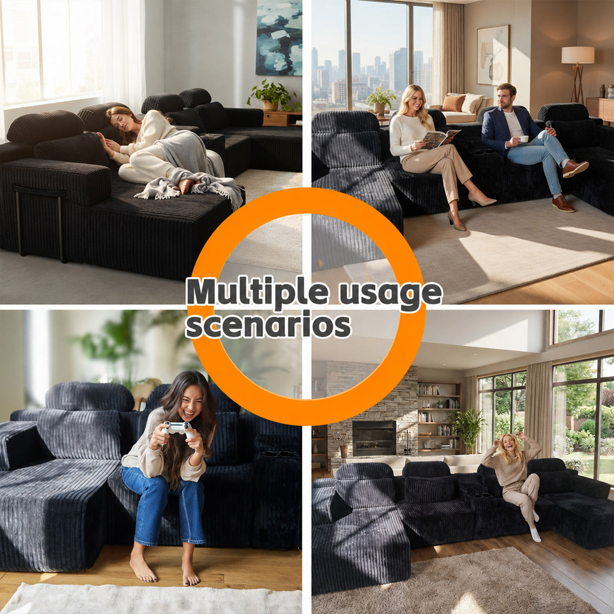Modern Black corduroy 6-seater U-shaped sofa with lounge chair and cup holder -145.7 inch oversized modular compression sofa, suitable for home theaters, luxury living spaces, tool free assembly