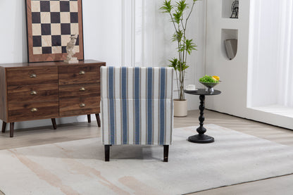 Upholstered Accent Chair, Vintage Armchair with Solid Wood Legs, Blue and White Striped Linen Fabric and Nailhead Trim for Living Room