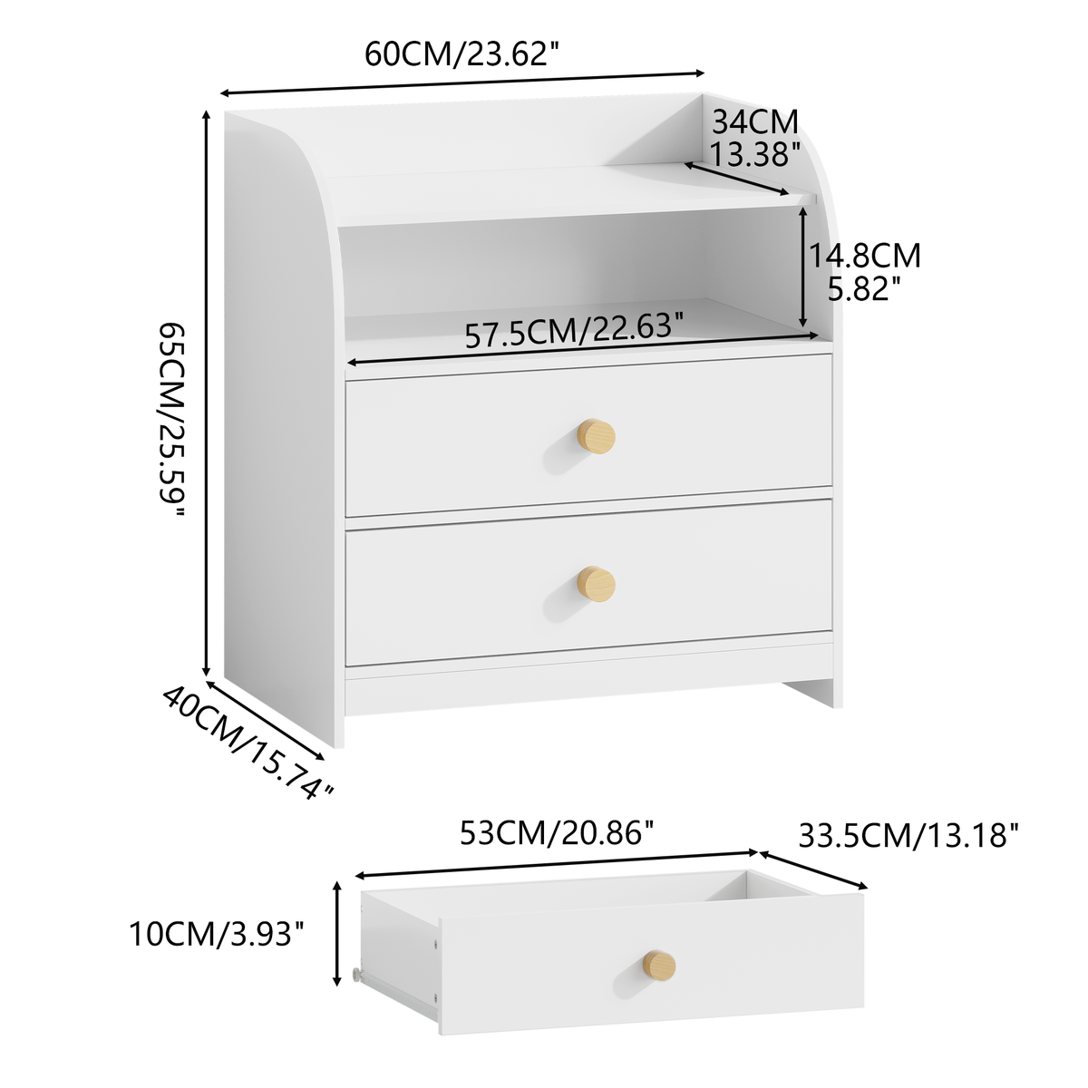 White Nightstand with 2 Drawers and Open Shelf, MDF Bedside Table with Curved Side Panels, Modern End Table for Bedroom, Kids Room, Nursery, Living Room, Storage Cabinet for Adults and Children