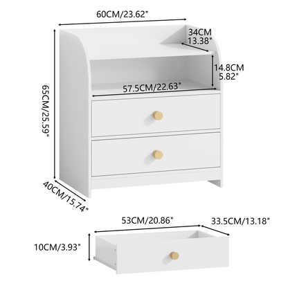 White Nightstand with 2 Drawers and Open Shelf, MDF Bedside Table with Curved Side Panels, Modern End Table for Bedroom, Kids Room, Nursery, Living Room, Storage Cabinet for Adults and Children