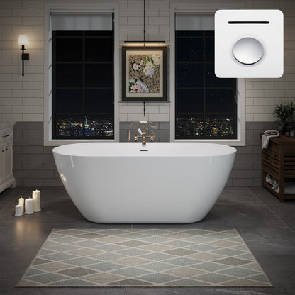 60' Acrylic Freestanding Bathtub, Oval Deep Soaking Contemporary Stand Alone Bath Tub with Pop-up Drain & Integrated Overflow, Chrome-Finish Drain Cover, Glossy White GF-26A09-60