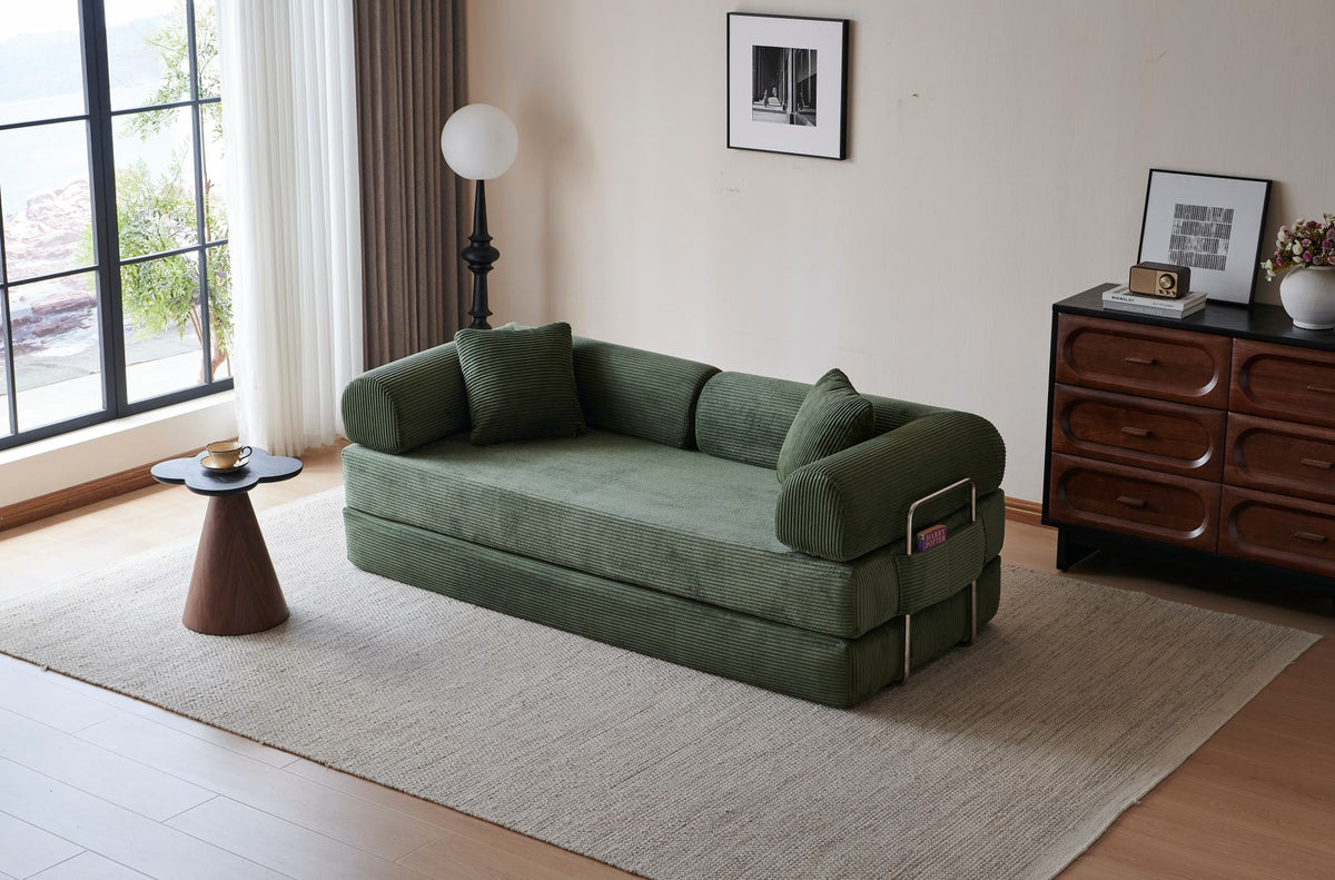 78.8' Compression Sofa,Convertible Floor Sofa Bed-with Pillow Back Support Armrest,Comfy Futon Couch Sleeper Bed,Loveseats Boneless Modular Sectional Sofa,Corduroy fabric,for Living Room,Bedroom,Green