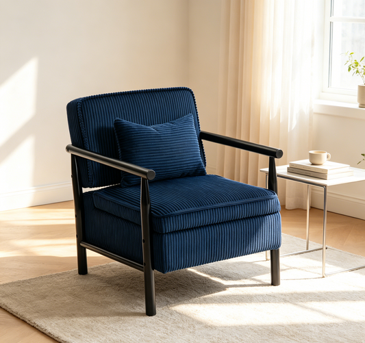Storage Chair, Mid Century Modern Accent Chair with Wood Frame, Upholstered Living Room Chairs with Waist Cushion – Blue