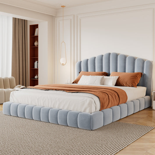 Velvet Upholstered Queen Bed Frame with Shell-Shaped Headboard, Light Blue, Solid MDF & Particle Board