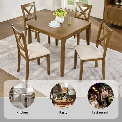 Elegant 5-Piece Oak Dining Table Set for 4 – Modern Wooden Kitchen & Dining Room Furniture with 4 Upholstered Chairs – Space-Saving Square Dining Set for Small Spaces, Living Room & Apartment
