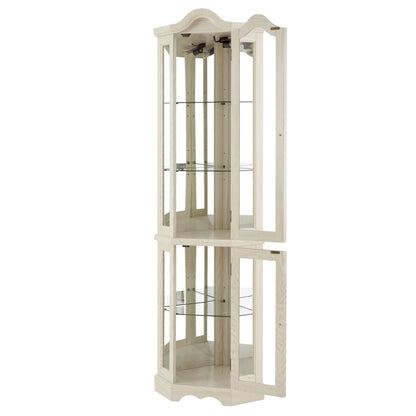 Curio Cabinet Lighted Glass Display Curio Cabinet w/Tempered Glass Doors and Shelves, Crown Corner Cabinet with Bulb, Corner Storage Decoration for Living room and Bedroom WHI