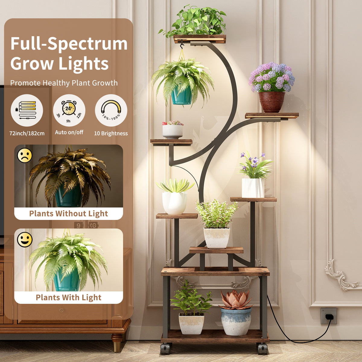Plant Stand Indoor with Grow Lights - 62" Tall Plant Shelf, Lighted Corner Plant Stands for Indoor Growing, 8 Tiered Large Flower Holder - Walnut Color