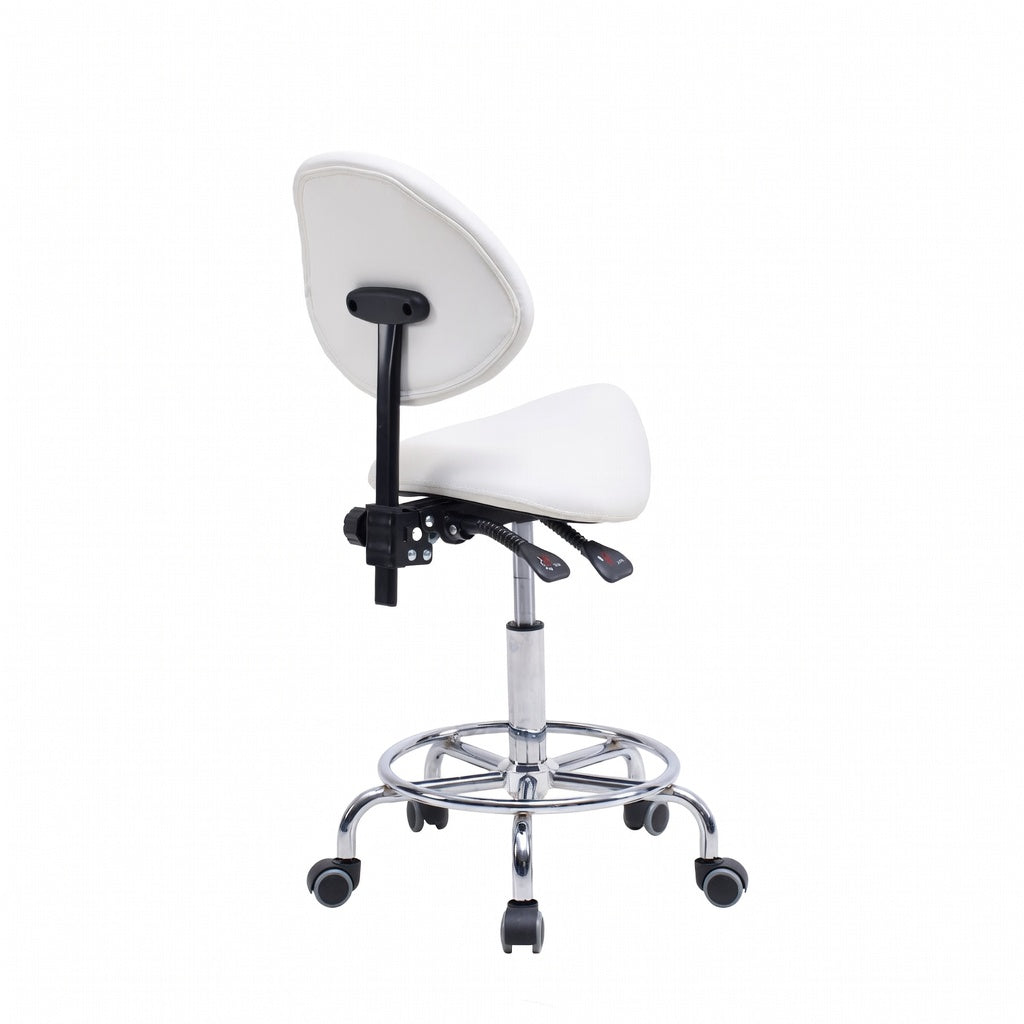 Saddle Stool Chair with Backrest Swivel Hydraulic Ergonomic Tilt Seat Chair with Wheels Footrest for Medical Hospital Clinic Dental-WHITE