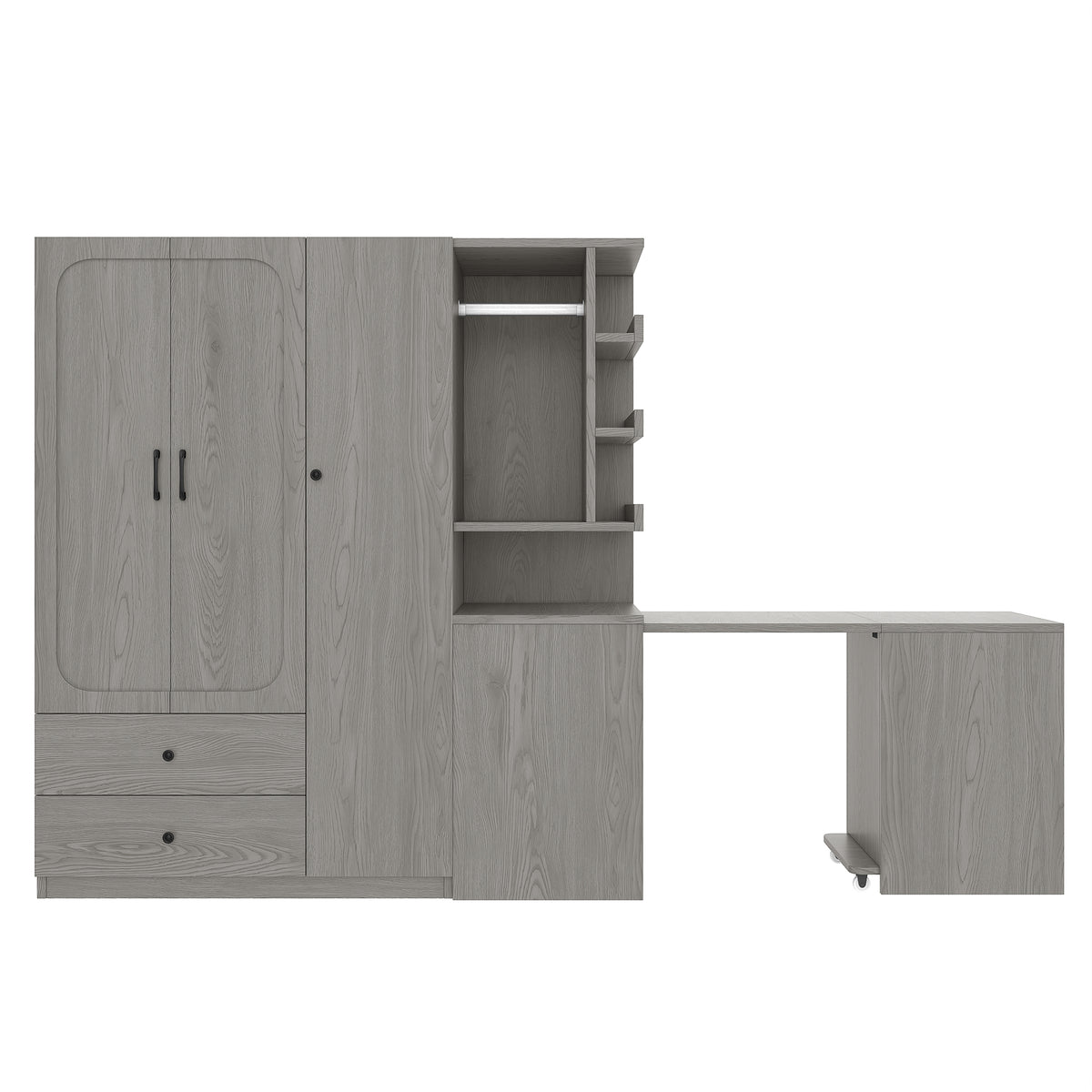 Multifunctional Wardrobe with 2 Doors and Hanging Rod, Wooden clothes closet with Convertible Desk and Storage Drawers – Model W1580S00476