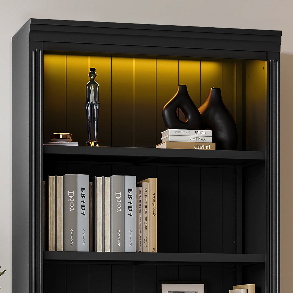 83.4' Tall Wood Bookcase with light strip,5-Tier Decor Bookshelves with Adjustable Shelves,Storage Organizer for CDs/Books/Movies,Free Standing Storage Shelves for Living Room,Home Office,Black