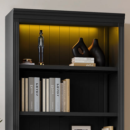 83.4' Tall Wood Bookcase with light strip,5-Tier Decor Bookshelves with Adjustable Shelves,Storage Organizer for CDs/Books/Movies,Free Standing Storage Shelves for Living Room,Home Office,Black