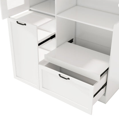TREXM Tall Freestanding Kitchen Pantry Cabinet with Arched Glass Door, Flip-Up Cabinet Door, Pull-Out Shelves & Drawer, Adjustable Shelves, Storage Cupboard for Kitchen Dining Room (White)