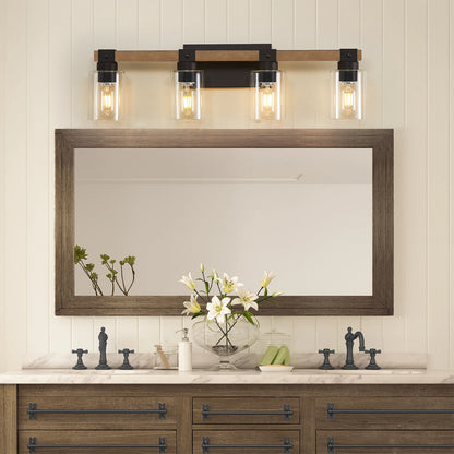 4-Light Farmhouse Vanity Light, Antique Wood Bathroom Wall Light with Clear Glass Shades, Mirror Lighting for Bedroom & Hallway, No Bulbs Included