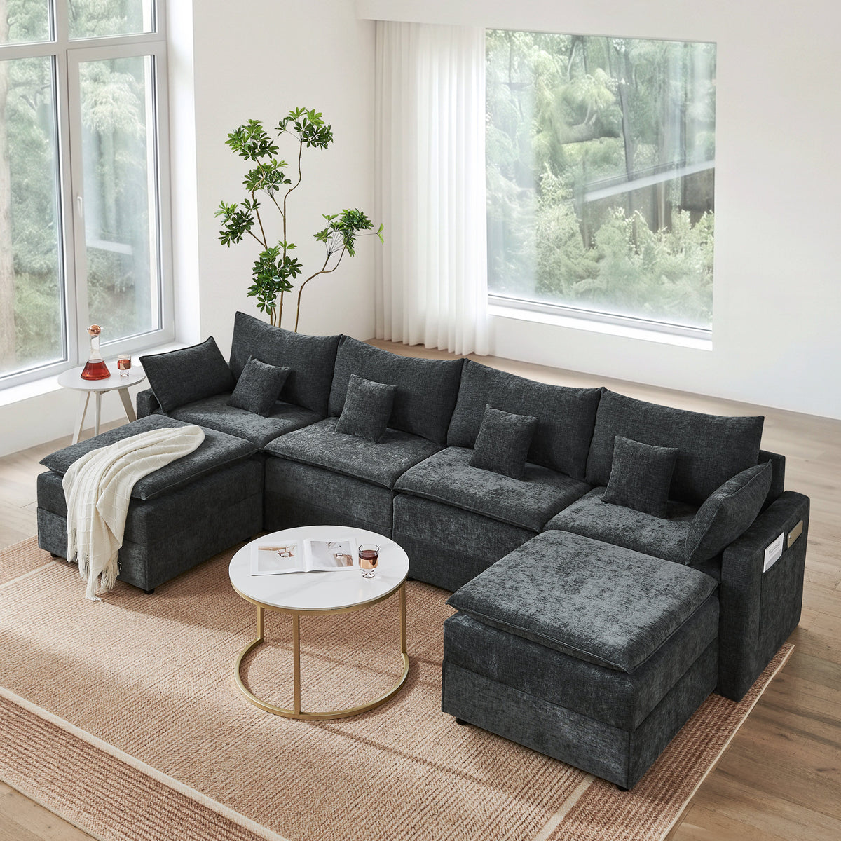 132' Cloud Modular Sectional Sofa, Deep Seat U Shaped Couch with Ottoman, Chenille Upholstered Sofa with Chaise, Plush Cushions, 6 Seat Modern Comfy Couch for Living Room & Apartment, Black