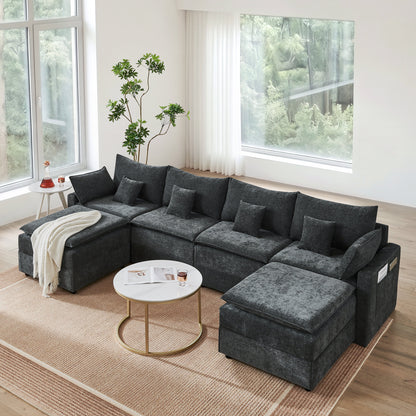 132' Cloud Modular Sectional Sofa, Deep Seat U Shaped Couch with Ottoman, Chenille Upholstered Sofa with Chaise, Plush Cushions, 6 Seat Modern Comfy Couch for Living Room & Apartment, Black