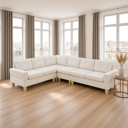 95.5 x 75 Inches Width Beige Modular L-Shaped Sectional Sofa 6-Seater 4-Piece Massa Flannel Fabric Couch with Chaise