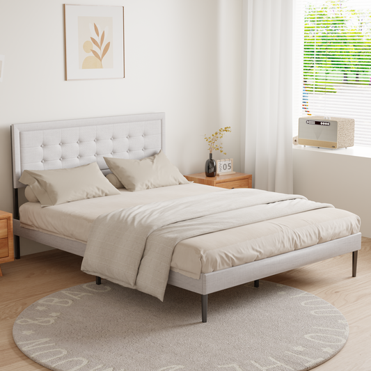 Queen Size Iron Platform Bed Frame with Wooden Slats & Upholstered Headboard Elegant Playhouse Style