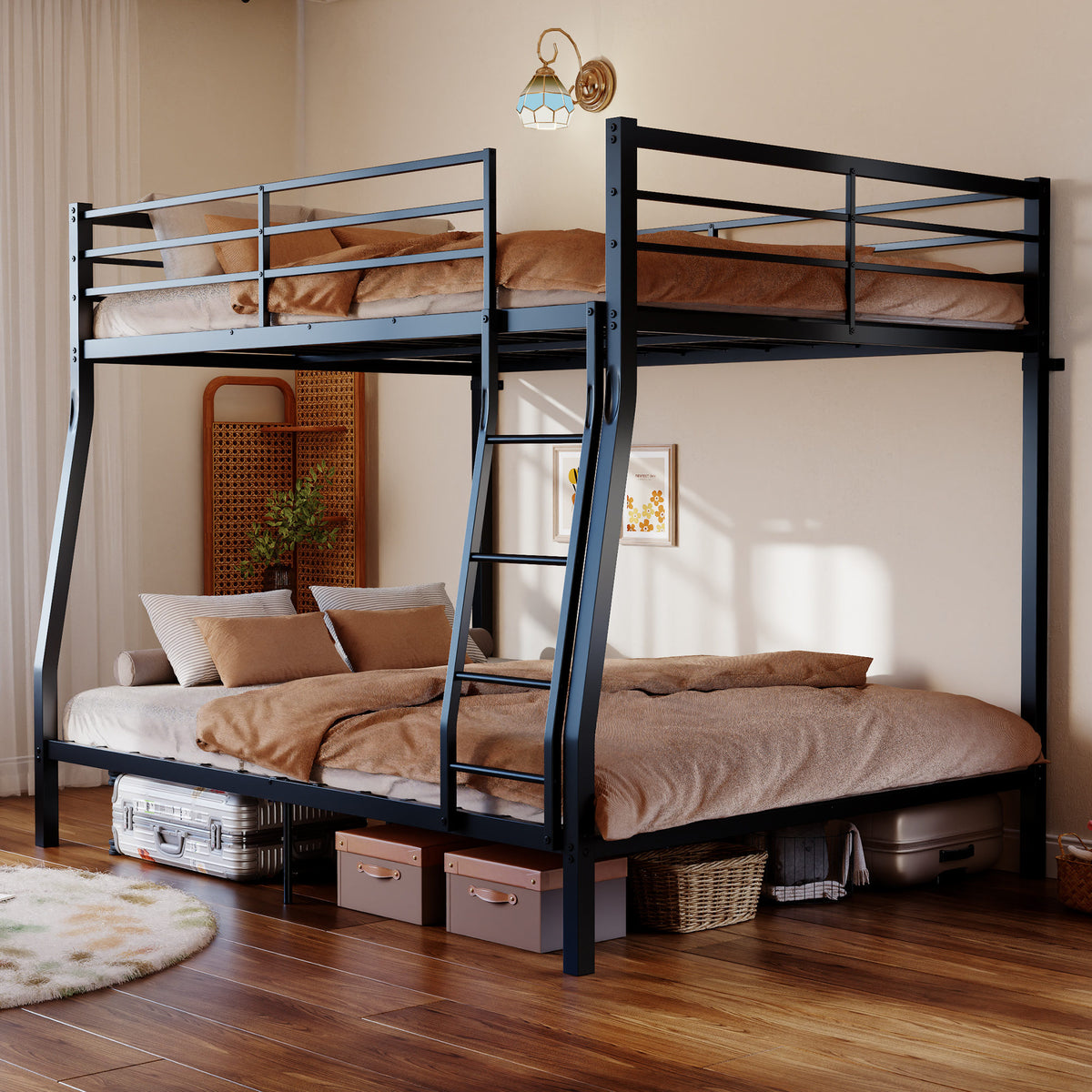 Metal Bunk Bed, Heavy Duty Full Over Queen Bunk Beds with 5 Extra Support Legs, 990 lbs Capacity, Noise-Free & Anti-Tip Design, 13.3" Safety Guardrail, Space-Saving Bed for Kids, Teens & Adults, Black