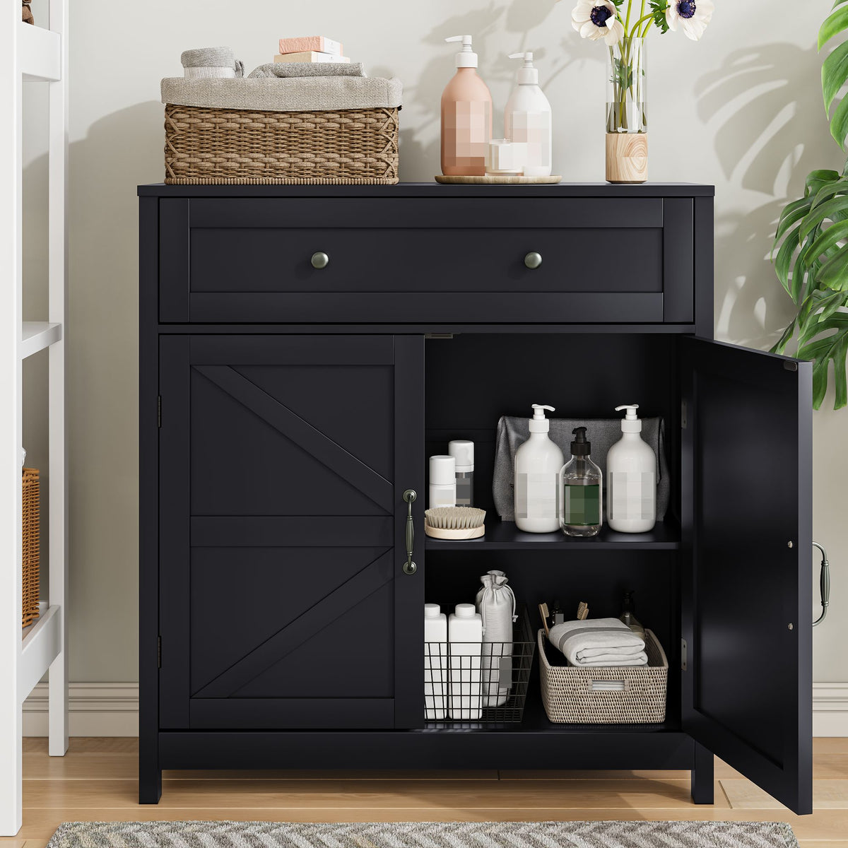 Kitchen Sideboard Buffet Cabinet, Farmhouse Storage Cabinet With Drawer And Adjustable Shelf, Barn Door Accent Cabinet For Kitchen, Dining Room, Entryway,Black