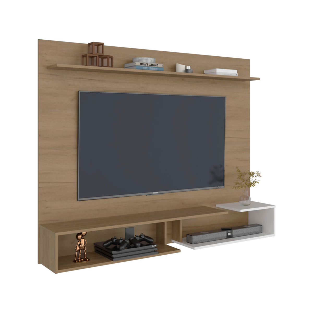 Colorado Wall Mounted TV Panel with Floating Media Console and Open Storage Shelves,Natural Oak