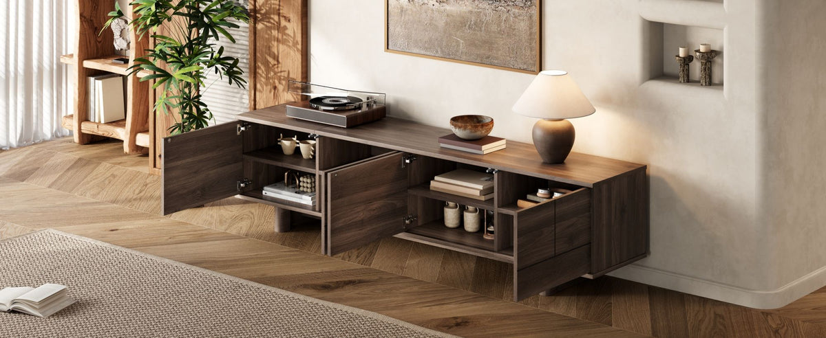 78 inch Modern TV Stand for TVs up to 85 inches, Entertainment Center with Solid Wood Legs, Cable Management, Push-Openers