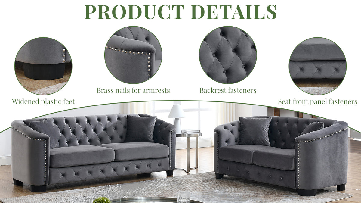 Velvet Chelsfield Sofa Set, featuring extra-deep seat cushions with padded armrests, tufted buttons, and brass studs, complete with throw pillows and plastic legs