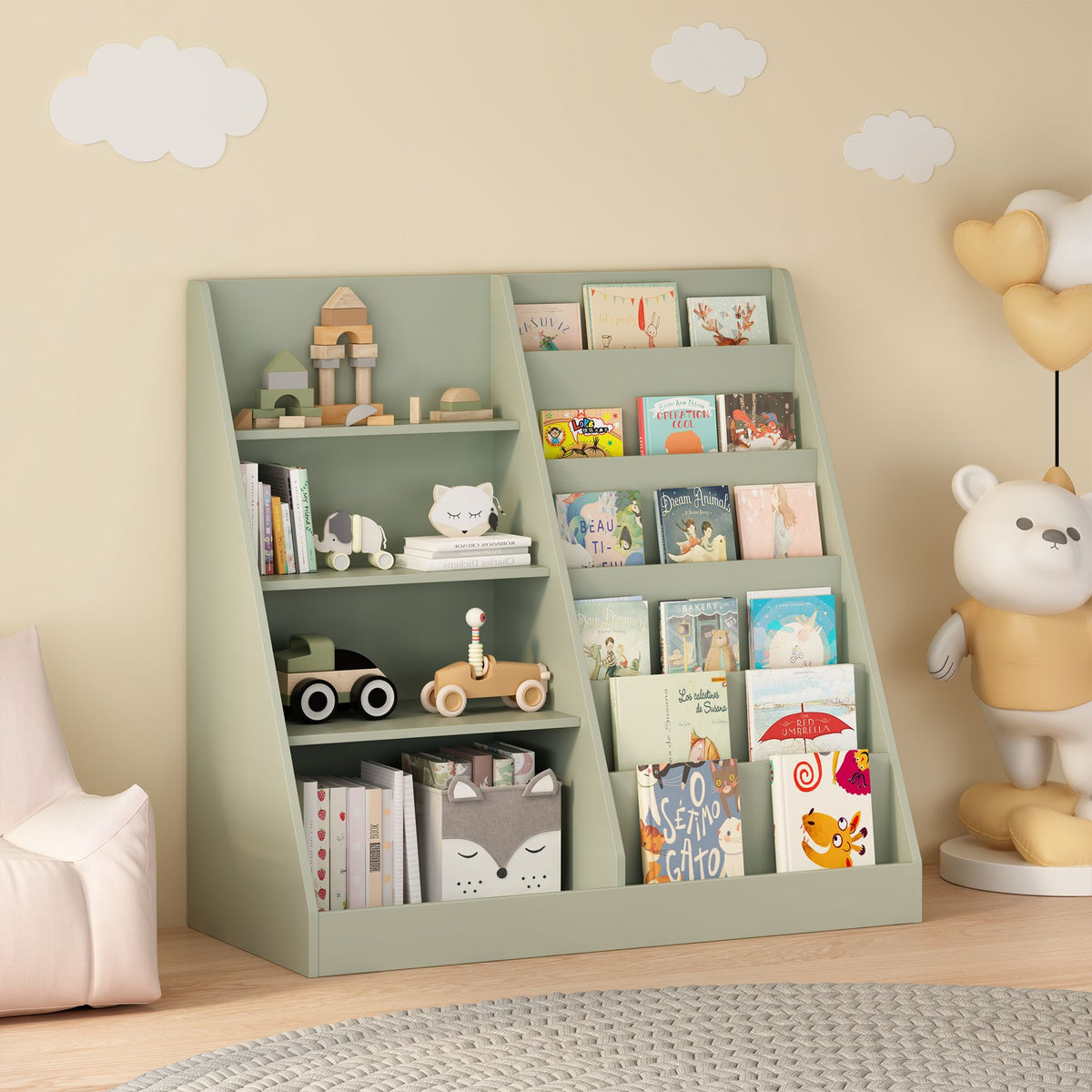 Kids Bookshelf and Toy Storage Organizer, Multifunctional 4 Tier Wooden Kids Book Shelf with  Bookcase Display Stand in Kids Room Playroom Nursery for Kids, Children, Toddlers (Sage)